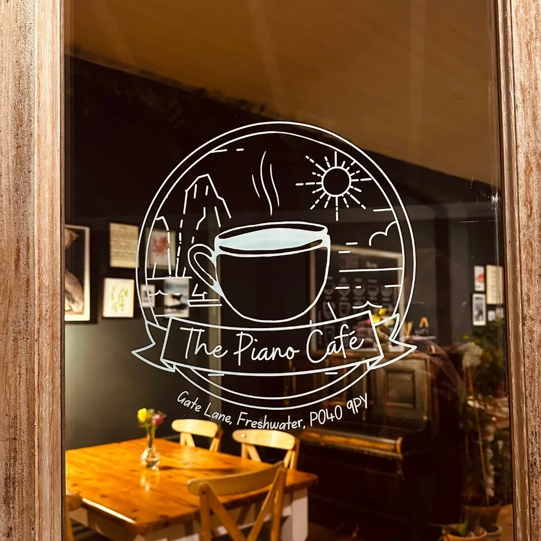 The Piano Bar logo on a window